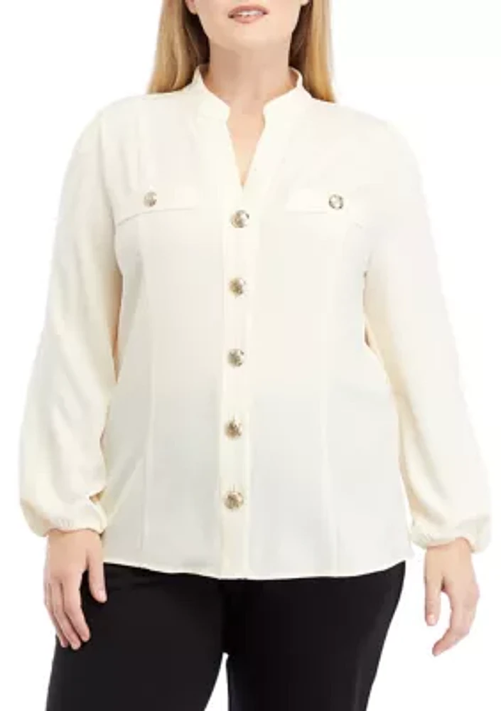 Plus High Neck Button Front Blouse with Long Sleeve