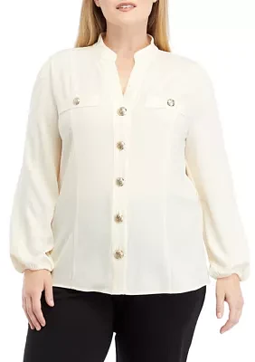 Plus High Neck Button Front Blouse with Long Sleeve