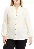 Plus High Neck Button Front Blouse with Long Sleeve