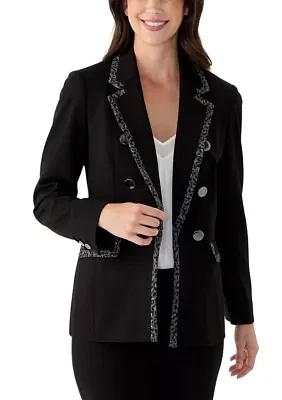 Women's Long Sleeve Leopard Print Trim Blazer