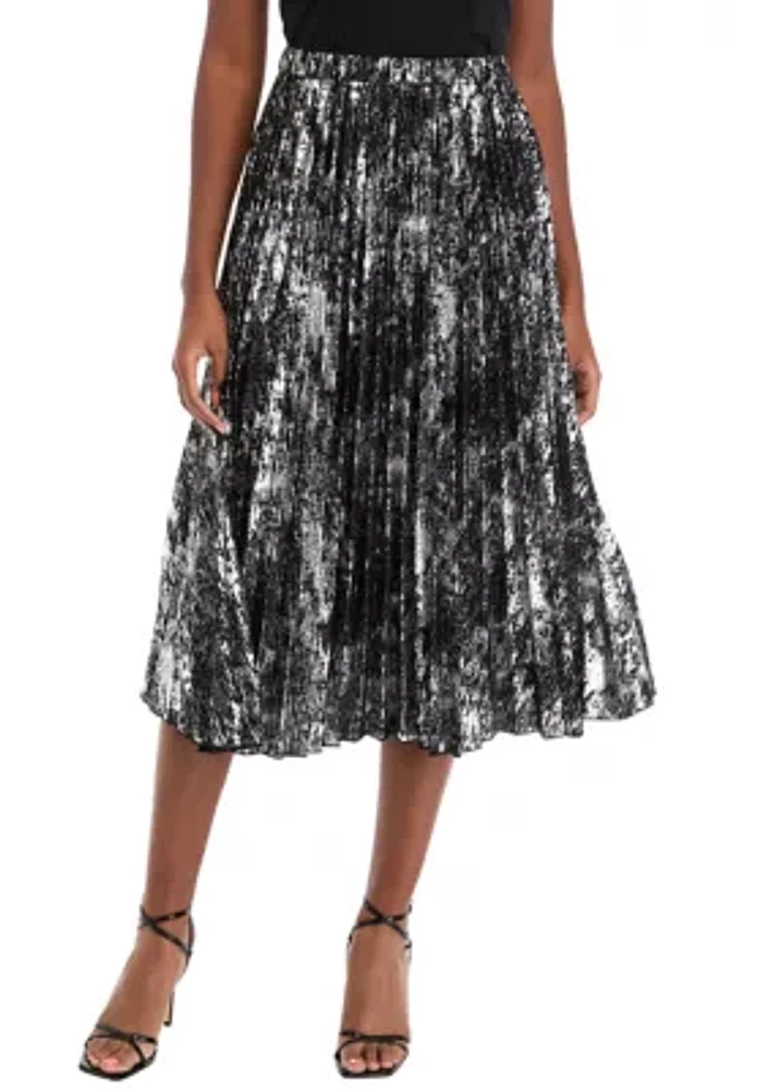 Women's Pleated Metallic Printed Midi Skirt