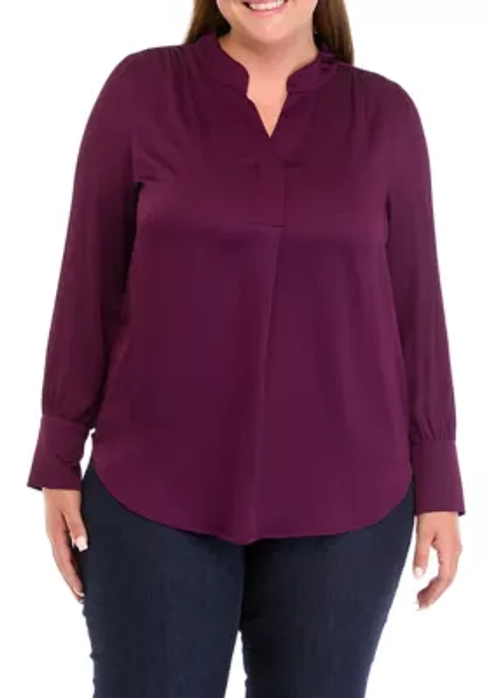 Plus Long Sleeve V-Neck Pleat Front Blouse