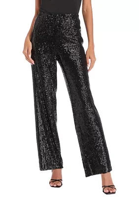 Petite Pull On Hollywood Waist Wide Leg Sequin Mesh Pants