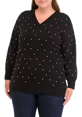 Plus Embellished Diamond Stitch V-Neck Sweater