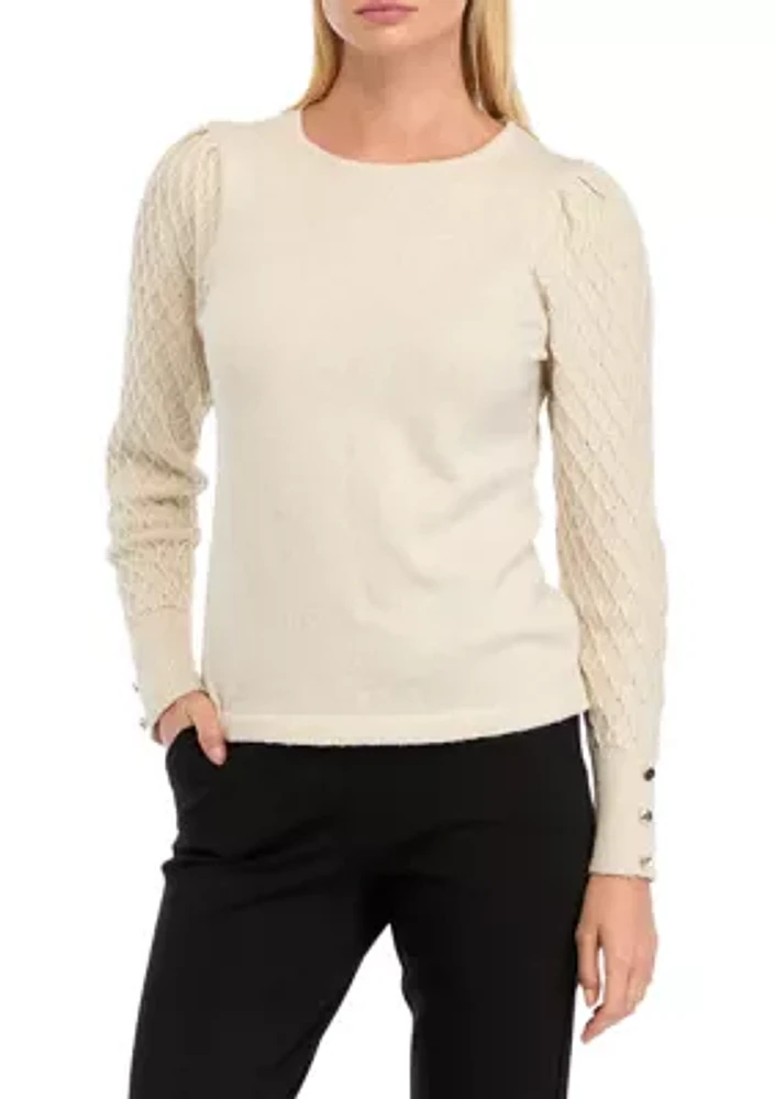 Petite Diamond Stitch Puff Sleeve Crew Neck Sweater