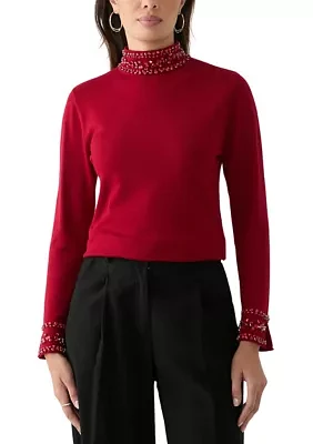 Women's Long Sleeve Rhinestone Mock Neck Sweater