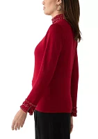 Women's Long Sleeve Rhinestone Mock Neck Sweater