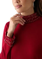 Women's Long Sleeve Rhinestone Mock Neck Sweater