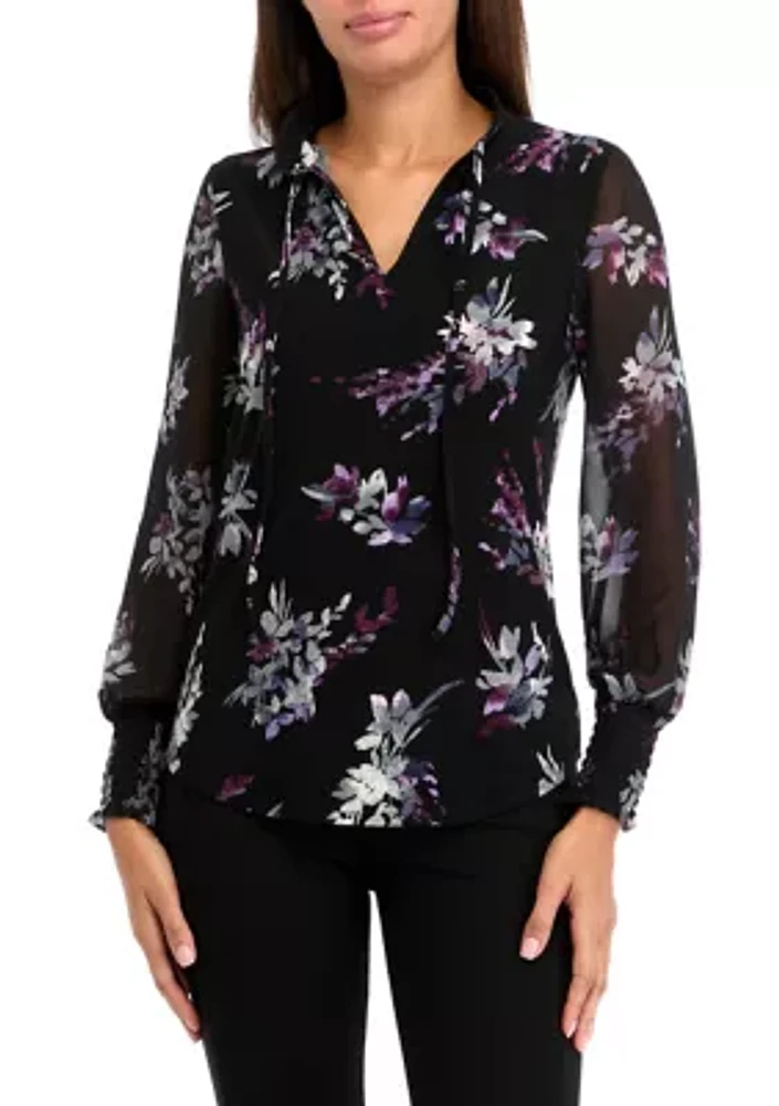 Women's Long Sleeve Printed Mixed Media Blouse