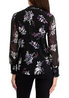 Petite Printed Long Sleeve Pleated Blouse