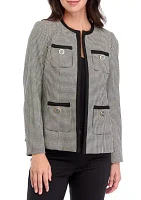 Plus Houndstooth Collarless Jacket with Novelty Trim