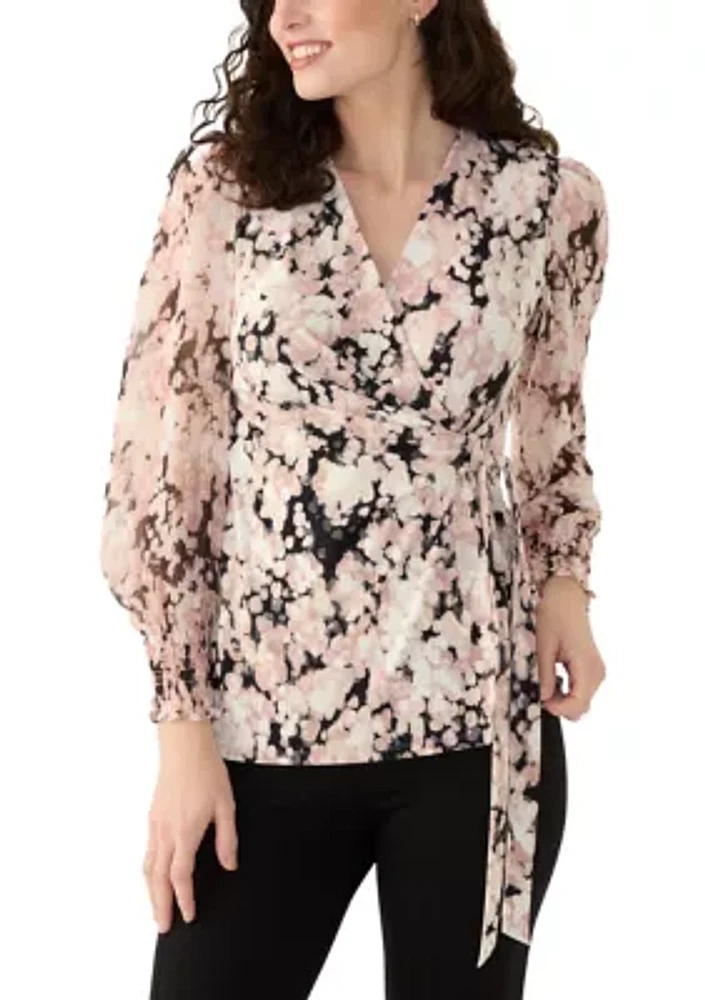 Women's Long Blouson Sleeve Mixed Media Floral Top