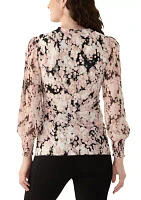 Women's Long Blouson Sleeve Mixed Media Floral Top