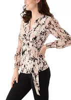 Women's Long Blouson Sleeve Mixed Media Floral Top