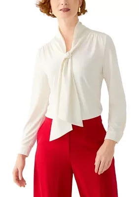 Petite Long Sleeve Mixed Media Tie Front Blouse