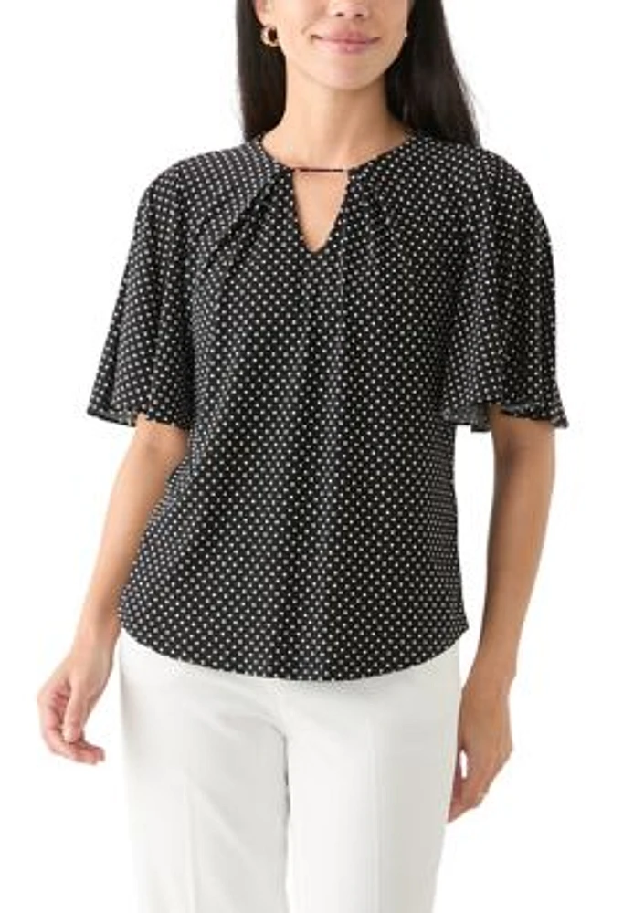 Petite Short Sleeve Pleat Neck Blouse