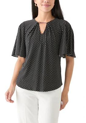 Petite Short Sleeve Pleat Neck Blouse