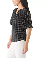 Petite Short Sleeve Pleat Neck Blouse