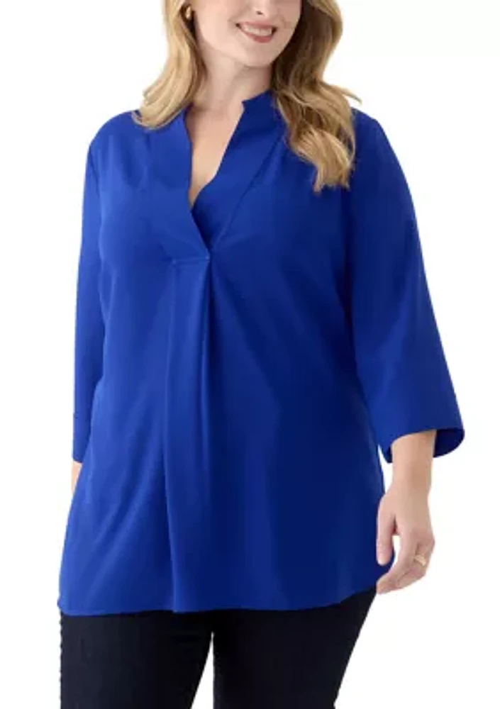 Plus 3/4 Sleeve V-Neck Pleat Front Tunic Top