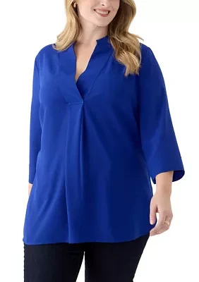 Plus 3/4 Sleeve V-Neck Pleat Front Tunic Top