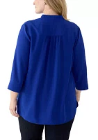 Plus 3/4 Sleeve V-Neck Pleat Front Tunic Top