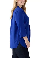 Plus 3/4 Sleeve V-Neck Pleat Front Tunic Top