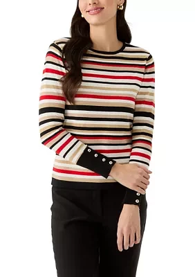 Women's Striped Button Sleeve Sweater