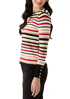 Women's Striped Button Sleeve Sweater