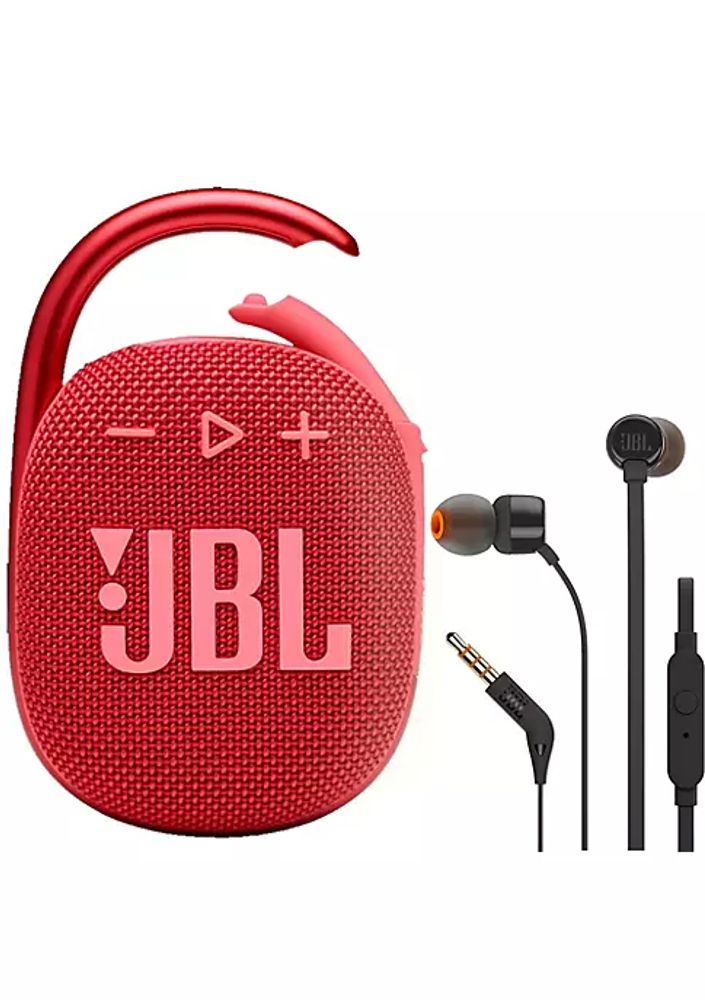 JBL Clip 4 Bluetooth Speaker (Red) with T110 in Ear Headphones | The
