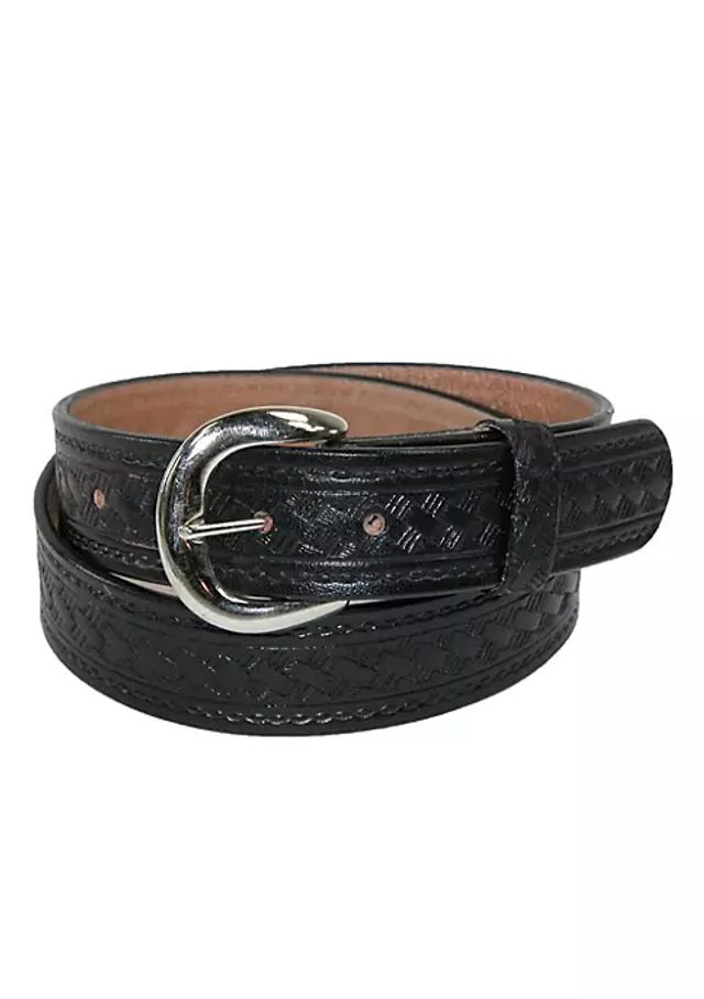 Men's Leather Belt with Removable Antiqued Logo Plaque Buckle by Levis