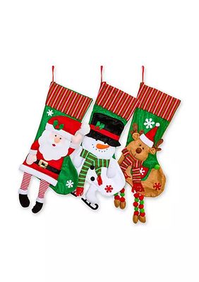 3 Piece Polyester Stocking Set with Santa, Reindeer, and Snowman Hanging Legs Design