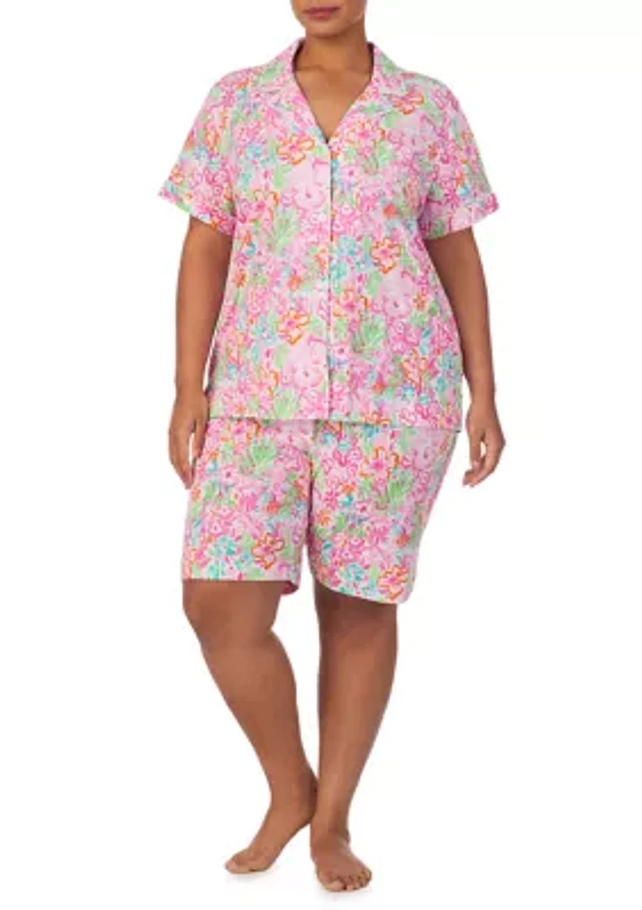 Plus Short Sleeve Notch Collar Bermuda Pajama Set