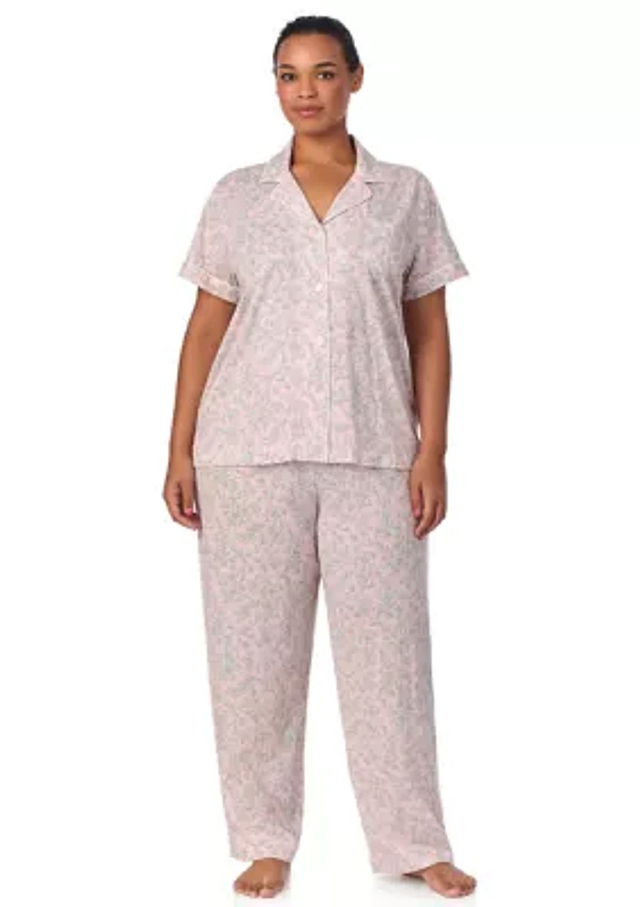 Plus Short Sleeve Notch Collar Ankle Pant Pajama Set