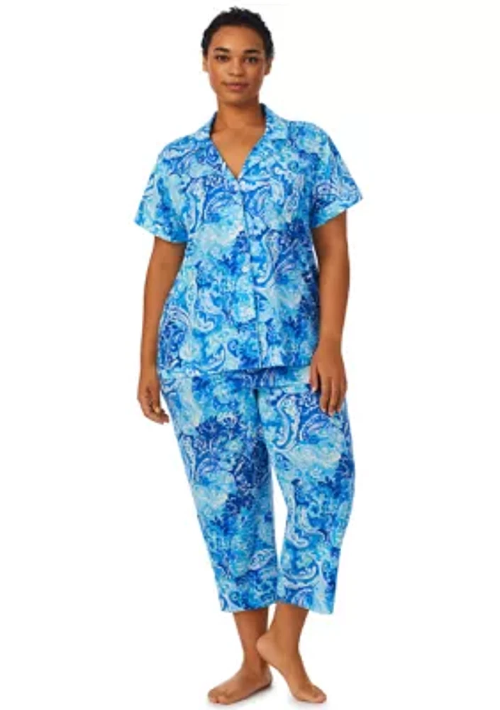 Plus Short Sleeve Notch Collar Capri Pant Pajama Set