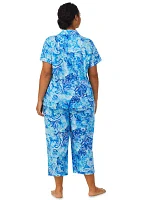 Plus Short Sleeve Notch Collar Capri Pant Pajama Set