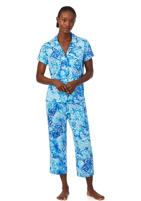 Short Sleeve Notch Collar Capri Pant Pajama Set