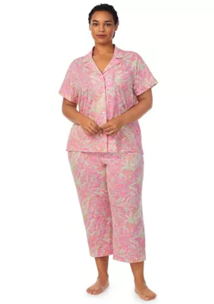 Plus Short Sleeve Notch Collar Capri Pant Pajama Set