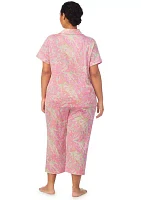 Plus Short Sleeve Notch Collar Capri Pant Pajama Set