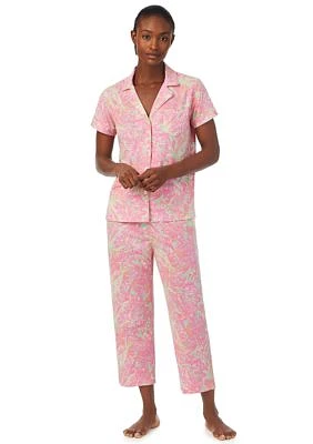 Short Sleeve Notch Collar Capri Pant Pajama Set