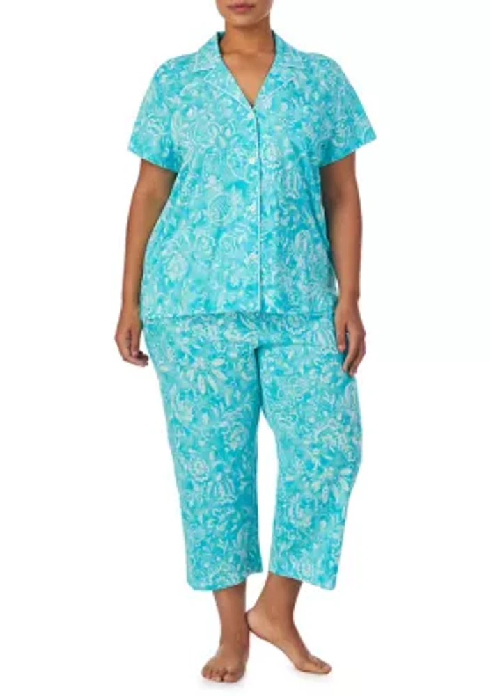 Plus Short Sleeve Notch Collar Capri Pant Pajama Set