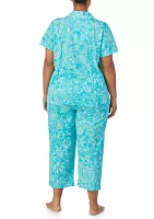 Plus Short Sleeve Notch Collar Capri Pant Pajama Set