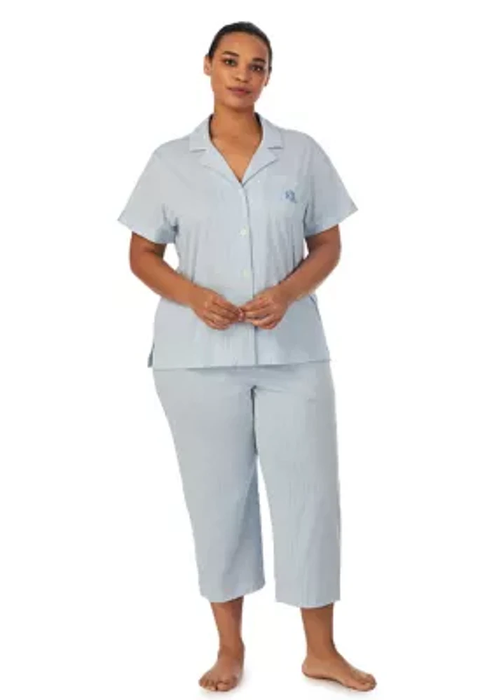 Plus Short Sleeve Notch Collar Capri Pant Pajama Set