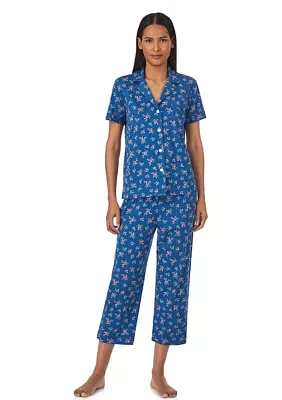 Short Sleeve Notch Collar Capri Pant Pajama Set