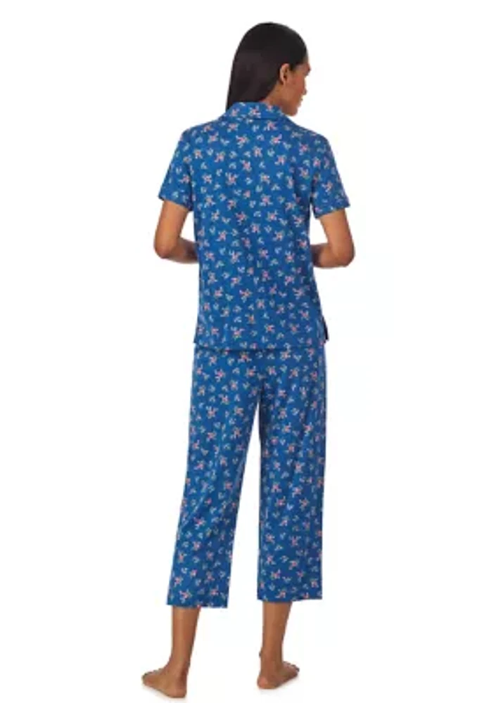 Short Sleeve Notch Collar Capri Pant Pajama Set