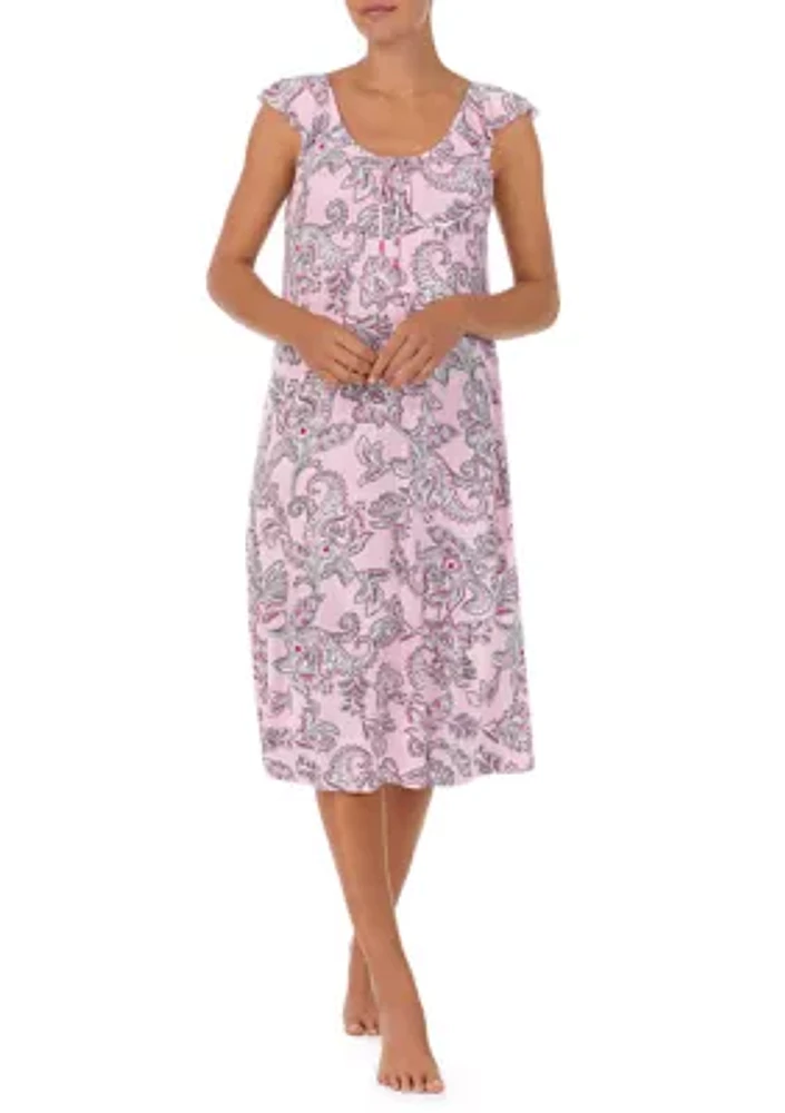 Short Flutter Sleeve Printed Midi Nightgown