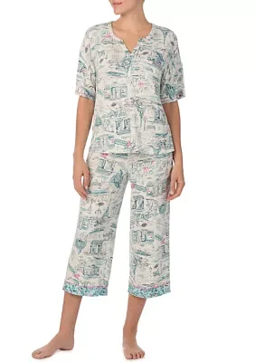 Elbow Sleeve Printed Cropped Pajama Set