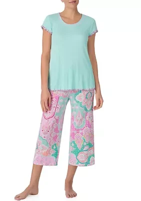 Solid Short Sleeve T-Shirt and Cropped Printed Pants Pajama Set