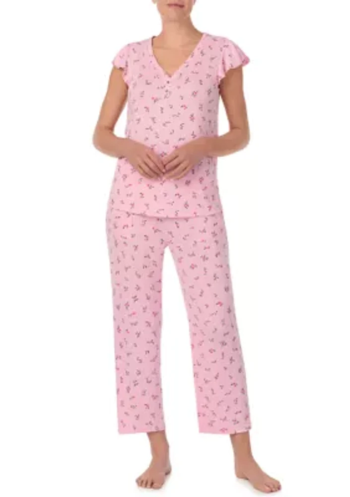 Pointelle Crop Printed Pajama Set