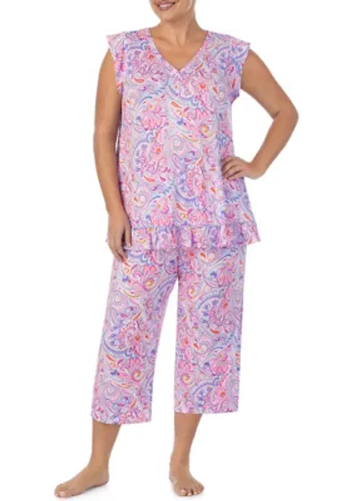 Plus Short Sleeve Shirt and Cropped Pants Pajama Set