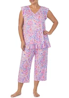 Plus Short Sleeve Shirt and Cropped Pants Pajama Set